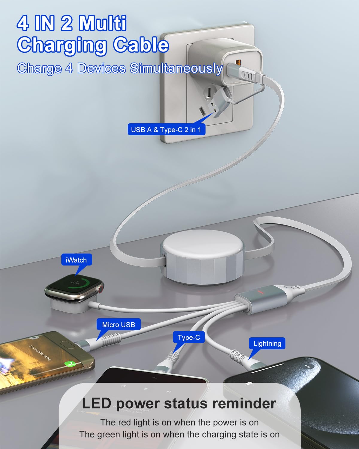Retractable Multi Charging Cable With Apple Watch Charger - 100W Retractable 4 In 1 Charging Cable With Lightning/Micro/Type C/I